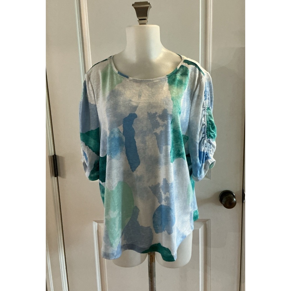 CHICOS 100 % Linen Size 3‎ Blue White Knit Pullover Top Ruched Sleeve